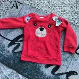 Annette Kids Girls Sequin Bear Face Fuzzy Sweater Red Size 24 Months
